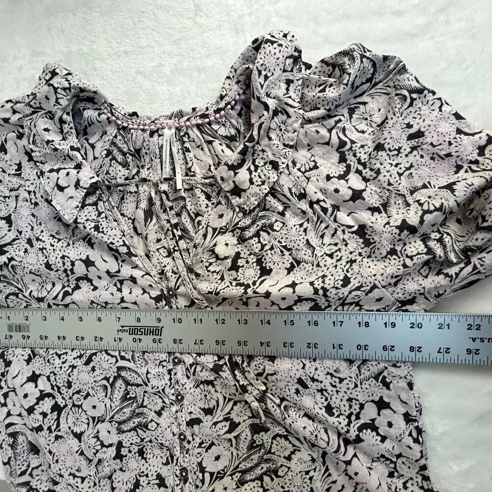 By Anthropologie Button Up Peasant Blouse Small Black Floral Puff Sleeve V-Neck